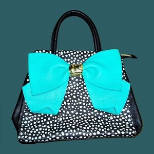 Black and White Polka Dot Handbag with Turquoise Bow